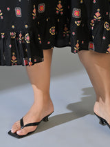Kiara Black Multicolour Printed Cotton Midi Dress with Puff Sleeves
