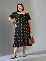 Kiara Black Multicolour Printed Cotton Midi Dress with Puff Sleeves