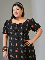 Kiara Black Multicolour Printed Cotton Midi Dress with Puff Sleeves