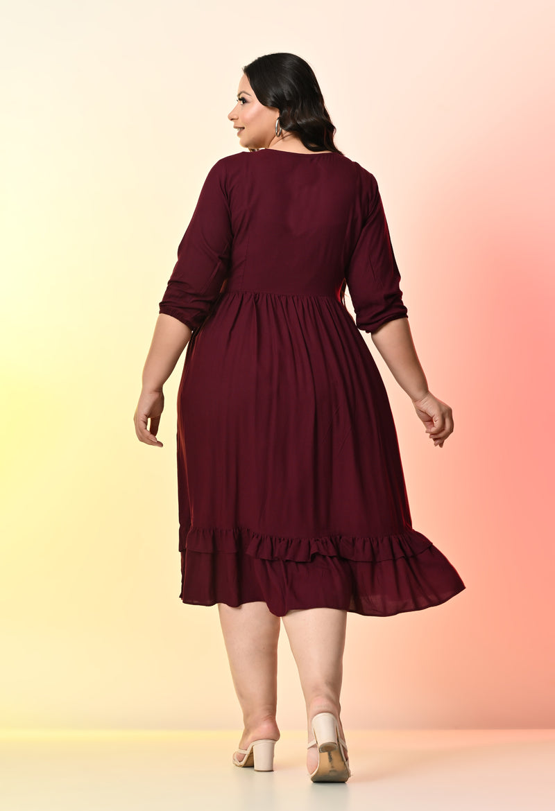 Plus Size Wine Solid Rayon Dress