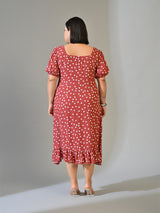 Elina Rust Polka Dot Crepe Dress with Ruffle Hem