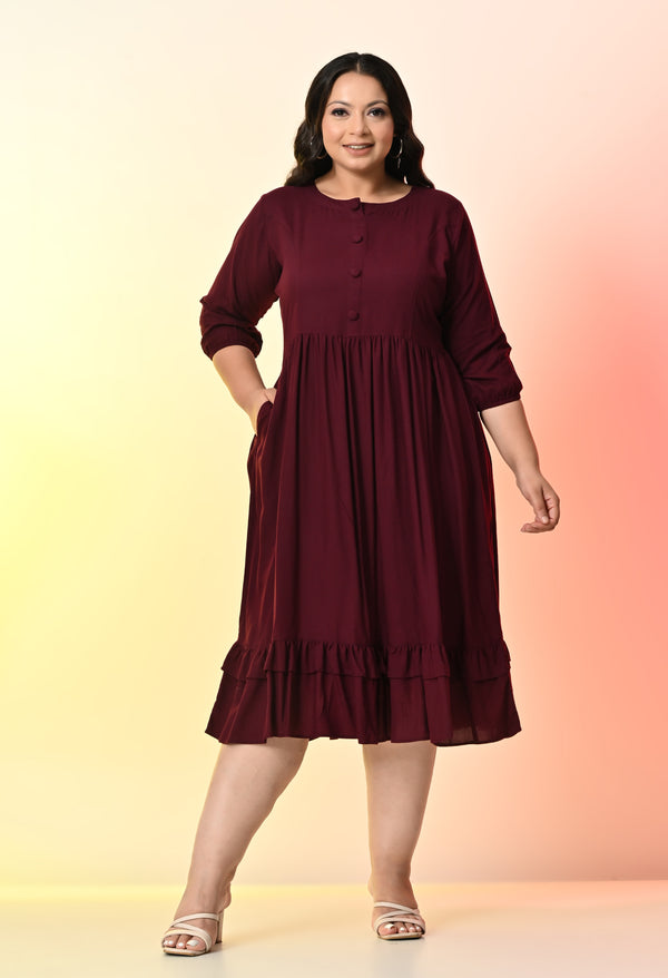 Plus Size Wine Solid Rayon Dress