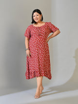 Elina Rust Polka Dot Crepe Dress with Ruffle Hem
