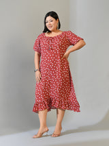 Elina Rust Polka Dot Crepe Dress with Ruffle Hem