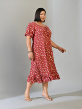 Elina Rust Polka Dot Crepe Dress with Ruffle Hem
