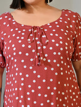 Elina Rust Polka Dot Crepe Dress with Ruffle Hem