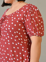 Elina Rust Polka Dot Crepe Dress with Ruffle Hem
