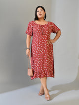 Elina Rust Polka Dot Crepe Dress with Ruffle Hem