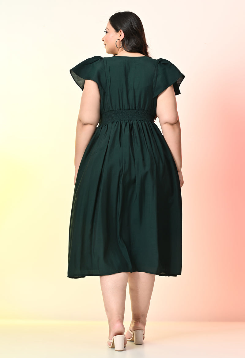 Plus Size Bottle Green Smocked Midi Dress