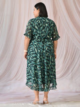 Ziva Emerald Green Abstract Printed Chiffon Midi Dress with Tie-Neck Detail