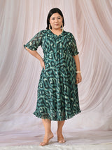 Ziva Emerald Green Abstract Printed Chiffon Midi Dress with Tie-Neck Detail