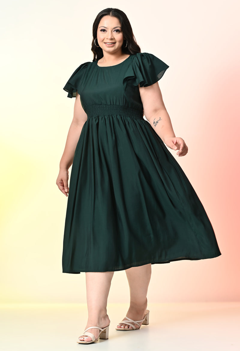 Plus Size Bottle Green Smocked Midi Dress