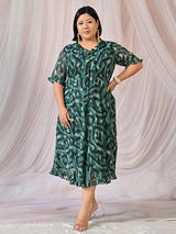 Ziva Emerald Green Abstract Printed Chiffon Midi Dress with Tie-Neck Detail