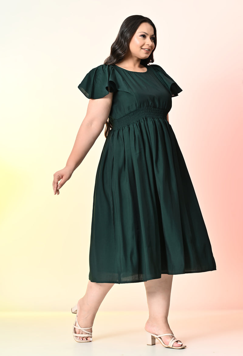 Plus Size Bottle Green Smocked Midi Dress