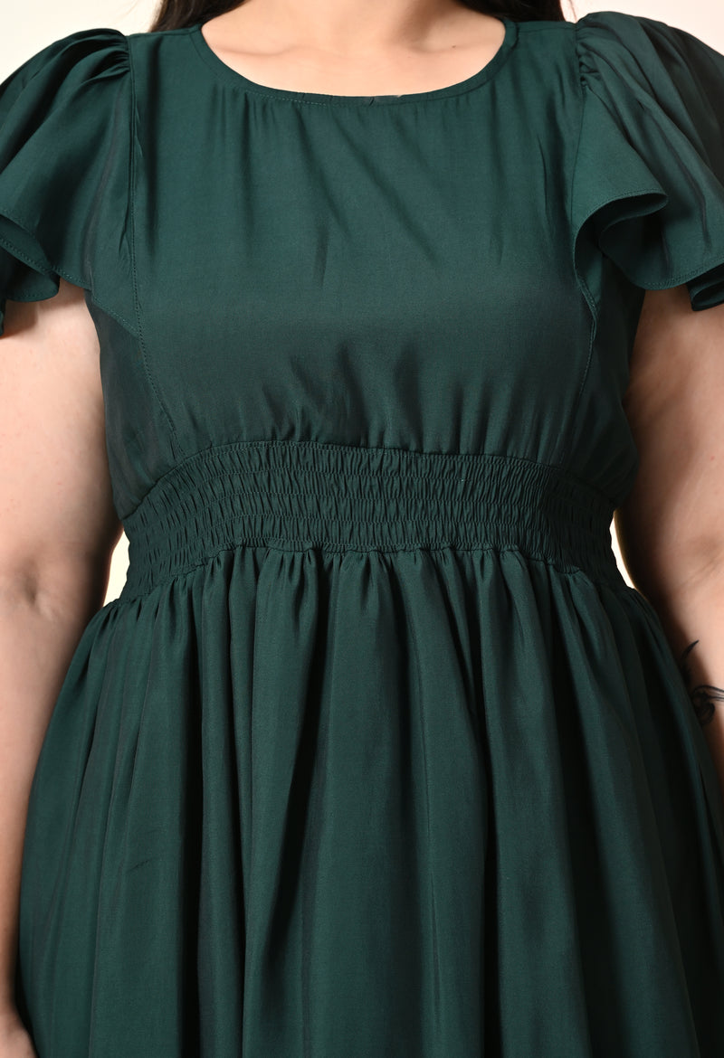 Plus Size Bottle Green Smocked Midi Dress DESINOOR.COM Plus Size Bottle Green Smocked Midi Dress DESINOOR.COM
