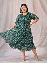 Ziva Emerald Green Abstract Printed Chiffon Midi Dress with Tie-Neck Detail