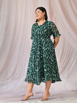 Ziva Emerald Green Abstract Printed Chiffon Midi Dress with Tie-Neck Detail