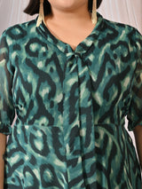 Ziva Emerald Green Abstract Printed Chiffon Midi Dress with Tie-Neck Detail