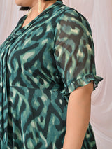 Ziva Emerald Green Abstract Printed Chiffon Midi Dress with Tie-Neck Detail
