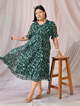 Ziva Emerald Green Abstract Printed Chiffon Midi Dress with Tie-Neck Detail