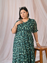 Ziva Emerald Green Abstract Printed Chiffon Midi Dress with Tie-Neck Detail