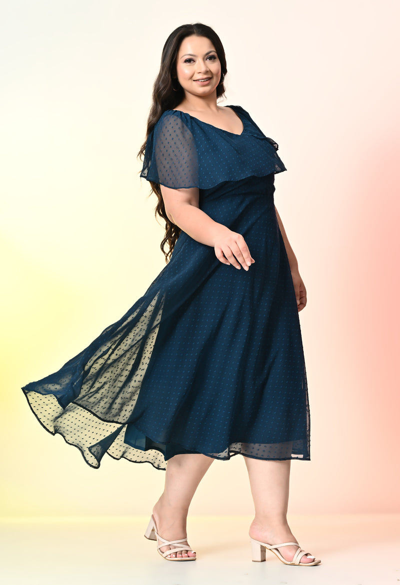 Plus Size Teal Blue Georgette Self Midi Dress