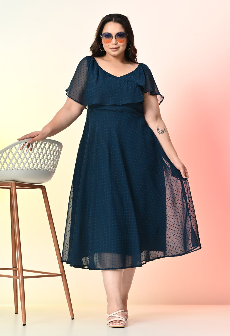 Plus Size Teal Blue Georgette Self Midi Dress