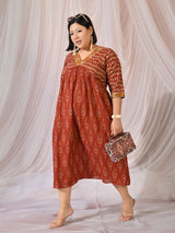 Rustic Charm Ikat Print Cotton Midi Dress