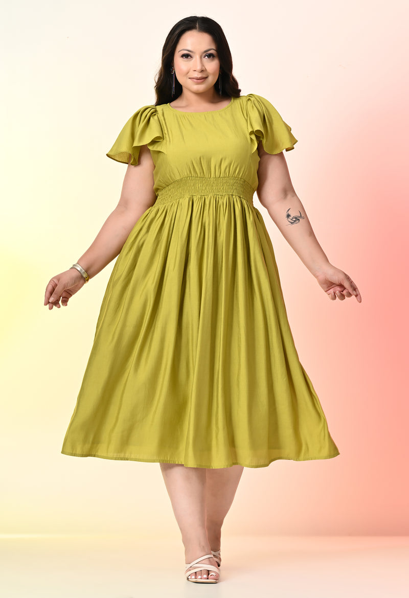 Plus Size Parrot Green Smocked Midi Dress