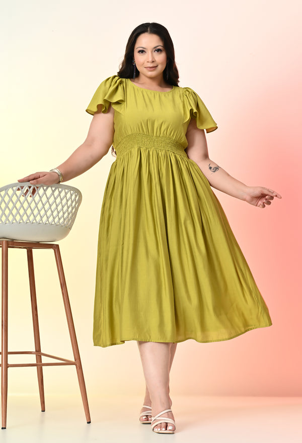 Plus Size Parrot Green Smocked Midi Dress