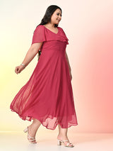 Plus Size Rani Pink Georgette Self Midi Dress