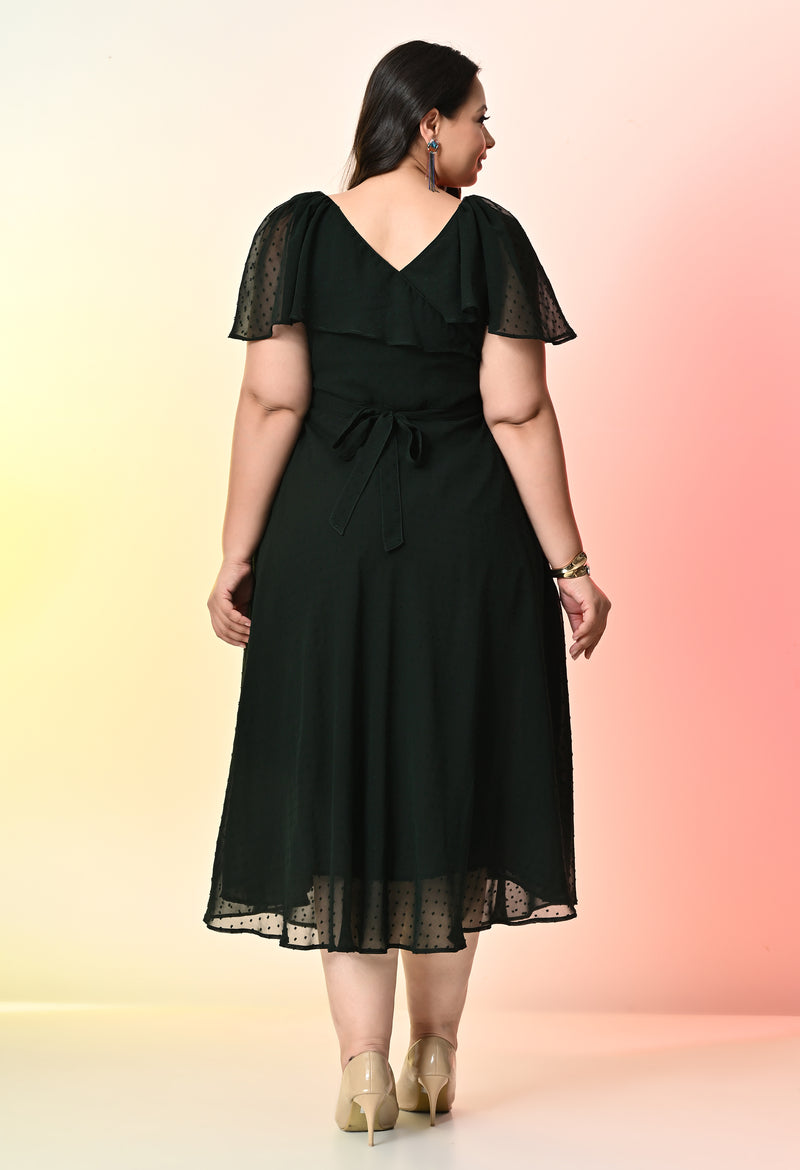 Plus Size Bottle Green Georgette Self Midi Dress