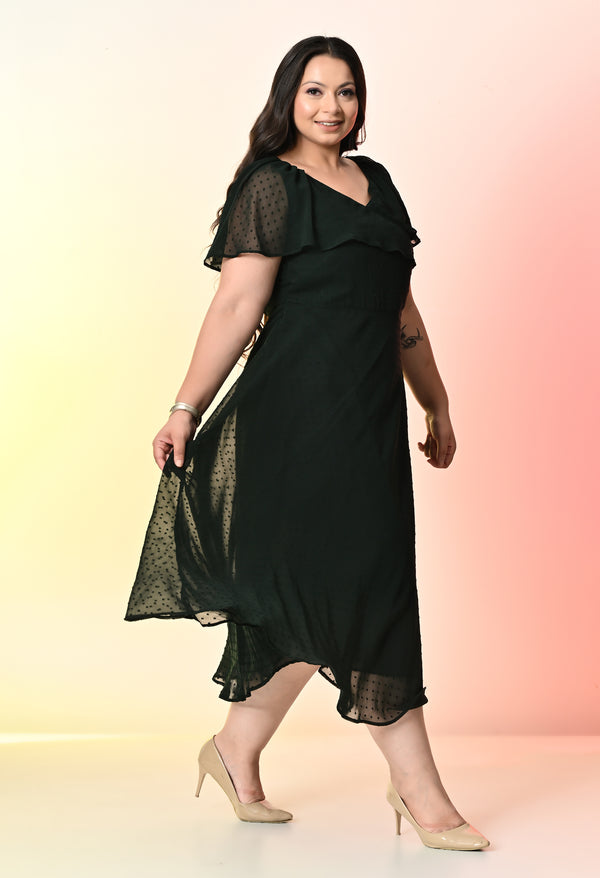 Plus Size Bottle Green Georgette Self Midi Dress