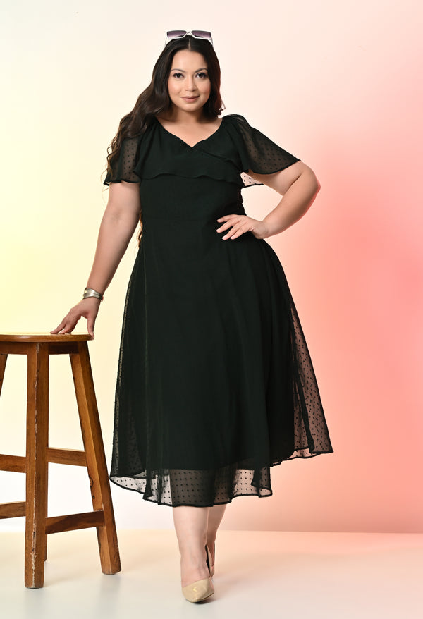 Plus Size Bottle Green Georgette Self Midi Dress