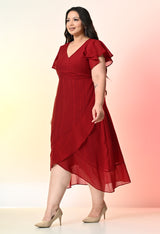 Plus Size Maroon Wrap Georgette Dress