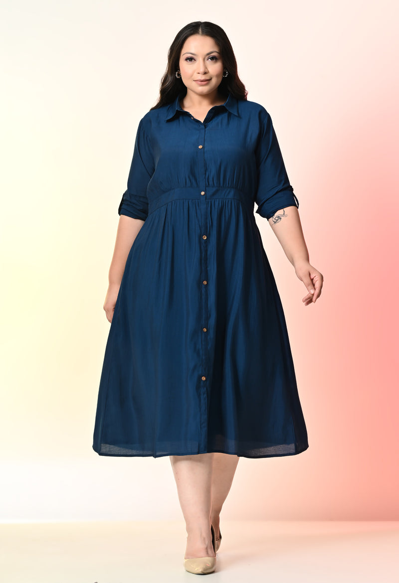 Plus Size Teal Blue Roman Silk Collared Midi Dress