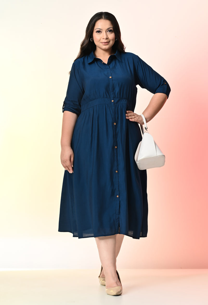 Plus Size Teal Blue Roman Silk Collared Midi Dress