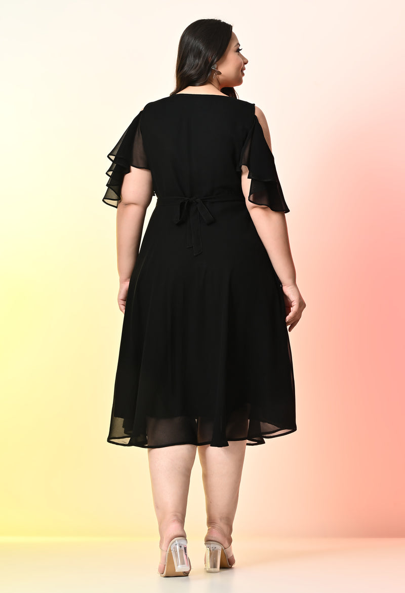 Plus Size Black Cold Shoulder Georgette Dress