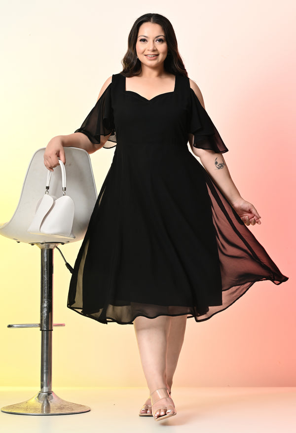 Plus Size Black Cold Shoulder Georgette Dress