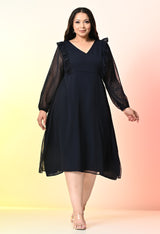 Plus Size Navy Blue Frill Georgette Midi Dress