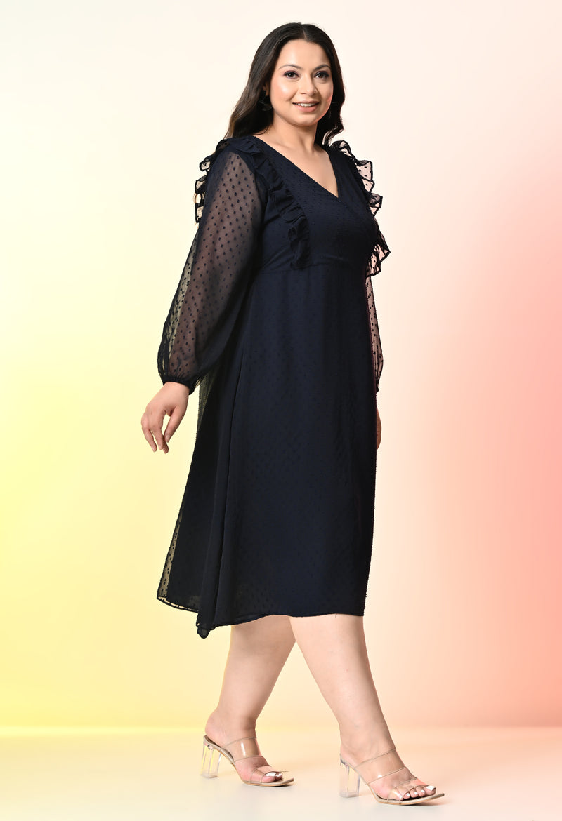 Plus Size Navy Blue Frill Georgette Midi Dress