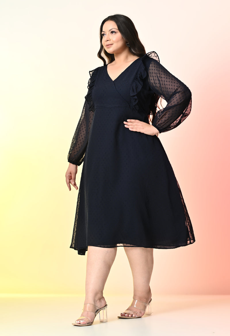 Plus Size Navy Blue Frill Georgette Midi Dress