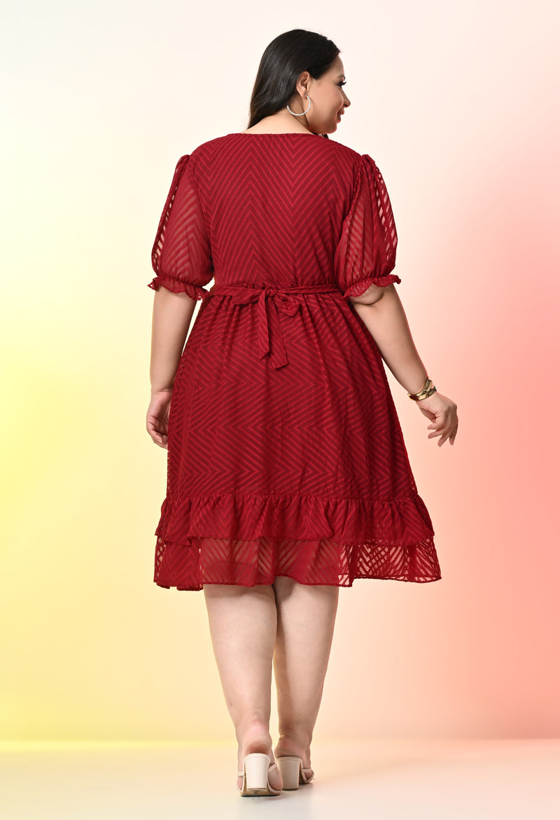 Plus Size Glowing Maroon Chevron Georgette Dress