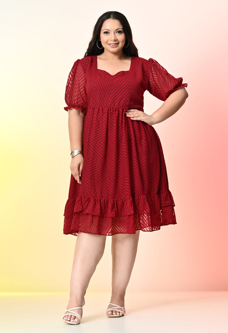 Plus Size Glowing Maroon Chevron Georgette Dress