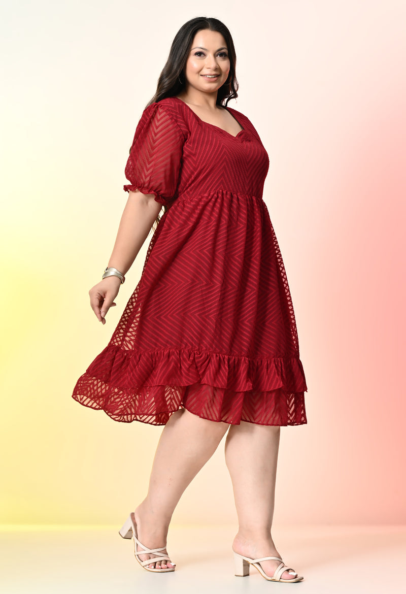 Plus Size Glowing Maroon Chevron Georgette Dress