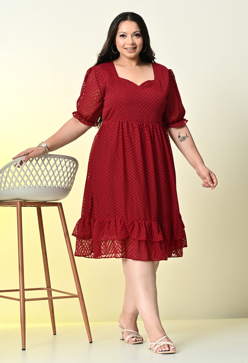 Plus Size Glowing Maroon Chevron Georgette Dress