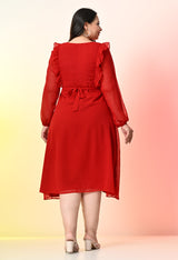 Plus Size Red Frill Georgette Midi Dress