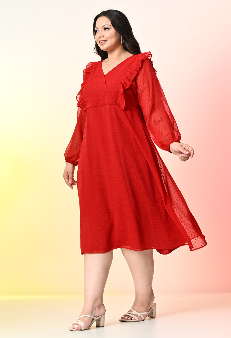 Plus Size Red Frill Georgette Midi Dress