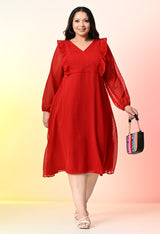 Plus Size Red Frill Georgette Midi Dress