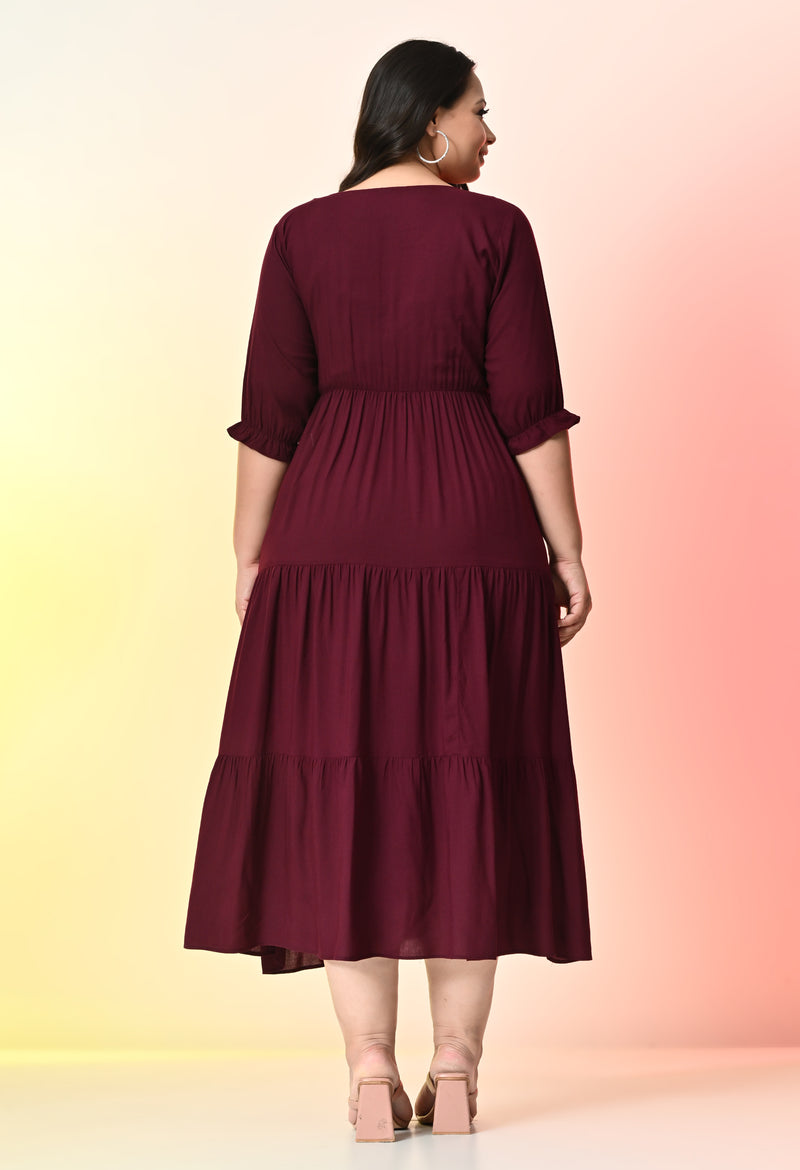 Plus Size Wine Ruffle Rayon Dress